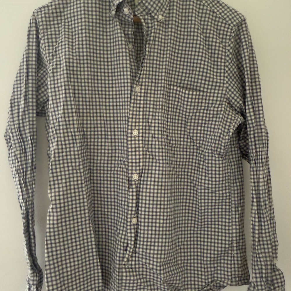 Men’s J. Crew Blue and White Plaid Casual Button Down Shirt Sz Medium Short